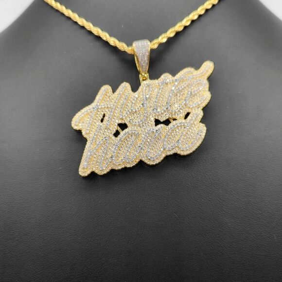 New Icy Supreme Quality 14K Bi-Color Gold Finish Hustle Hard Pendant over Brass. - Picture 4 of 8